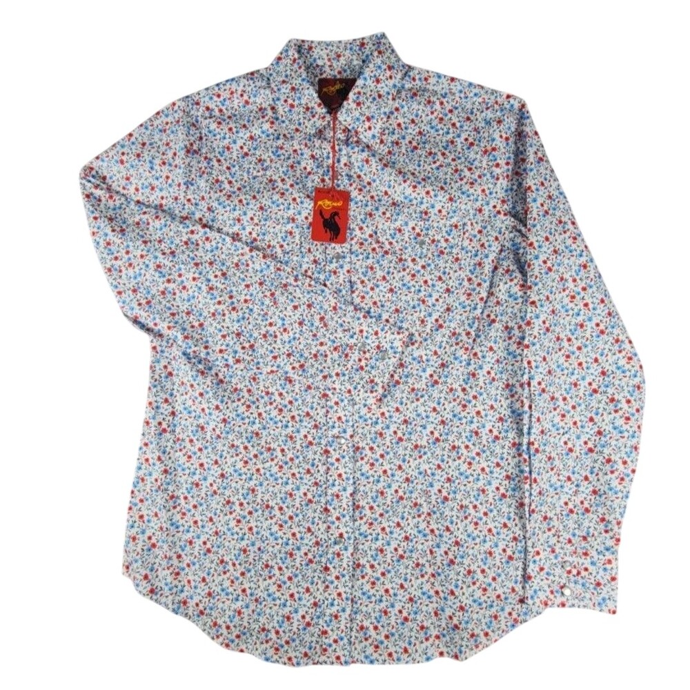 Rodeo Clothing Co Shirt Medium White Floral Long Sleeve Snap Front Western